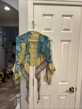 Boho Floral Open-Front Kimono Cape - Teal & Yellow